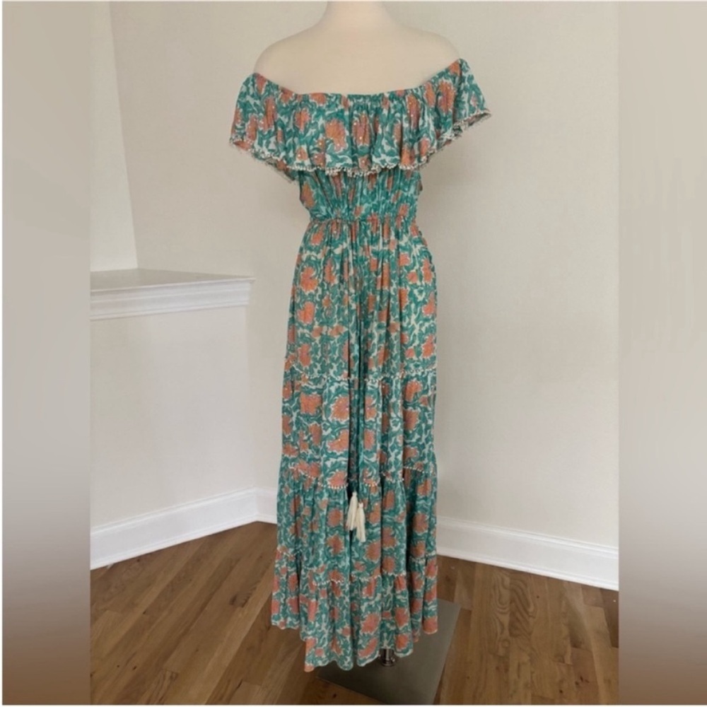 Miss June Boho Maxi Dress Floral Tiered Off Shoulder Teal Green Coral One Size - Picture 3 of 16